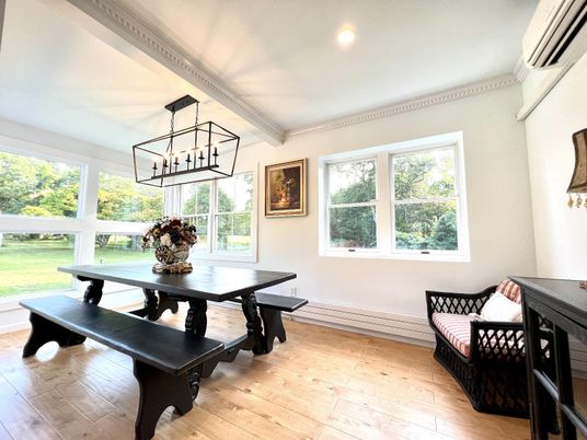 Dining room, Interior, Pendant Lights, Recessed Lighting, Wood Texture Flooring