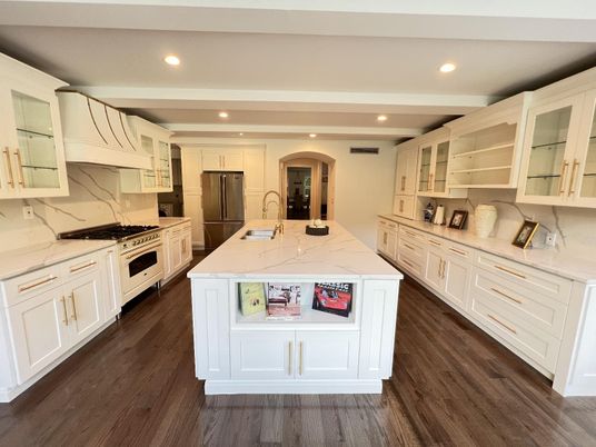 Interior, Kitchen, Marble Walls, Recessed Lighting, Wood Texture Flooring
