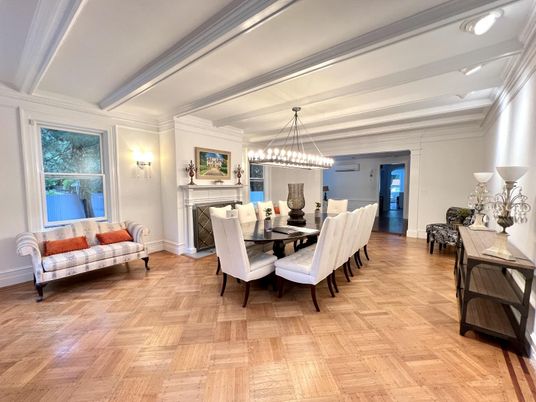 Chandelier, Dining room, Fireplace, Interior, Pendant Lights, Wood Texture Flooring