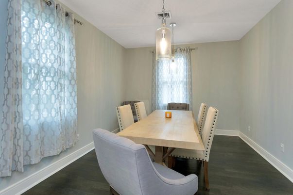 Dining room, Interior, Pendant Lights, Wood Texture Flooring