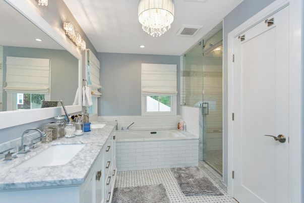 Bathroom, Chandelier, Dual Sink Vanities, Glass Shower, Interior, Recessed Lighting