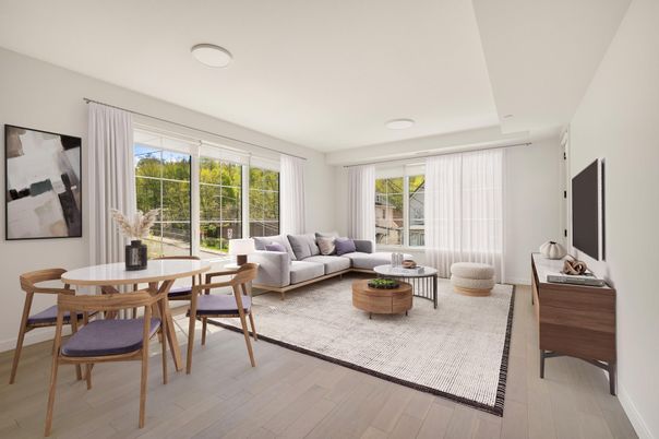 Dining room, Interior, Living room, Recessed Lighting, Wood Texture Flooring