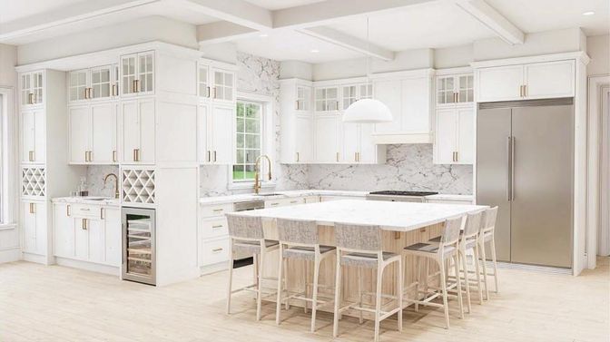 Interior, Kitchen, Marble Walls, Recessed Lighting, Stainless Steel Appliances, Wood Texture Flooring