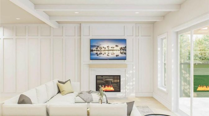 Fireplace, Interior, Living room, Recessed Lighting, Wood Texture Flooring