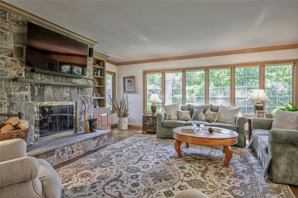Fireplace, Interior, Living room, Stone Walls, Wood Texture Flooring