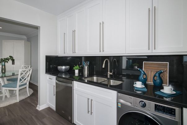 Dining room, Interior, Kitchen, Recessed Lighting, Washer, Wood Texture Flooring
