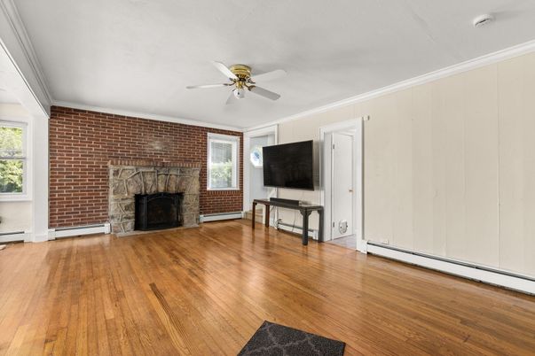 Empty room, Fireplace, Interior, Stone Walls, Wood Texture Flooring