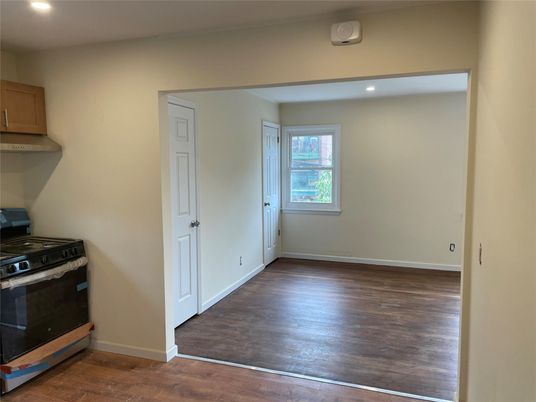 Empty room, Interior, Kitchen, Recessed Lighting, Wood Texture Flooring