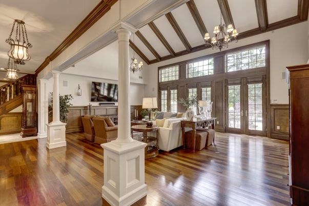 Chandelier, Interior, Living room, Wooden Beams, Wood Texture Flooring