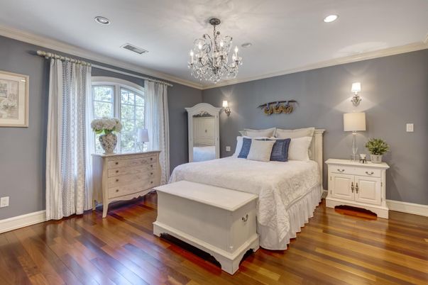 Bedroom, Chandelier, Interior, Recessed Lighting, Wood Texture Flooring