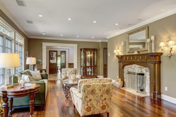 Fireplace, Interior, Living room, Recessed Lighting, Wood Texture Flooring