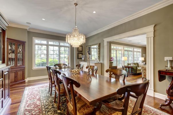 Chandelier, Dining room, Interior, Recessed Lighting, Wood Texture Flooring