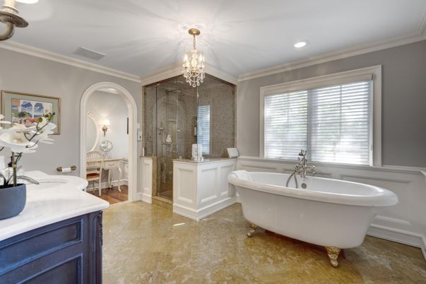 Bathroom, Chandelier, Free Standing Baths, Glass Shower, Interior, Recessed Lighting