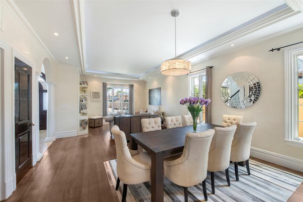Chandelier, Dining room, Interior, Pendant Lights, Recessed Lighting, Wood Texture Flooring