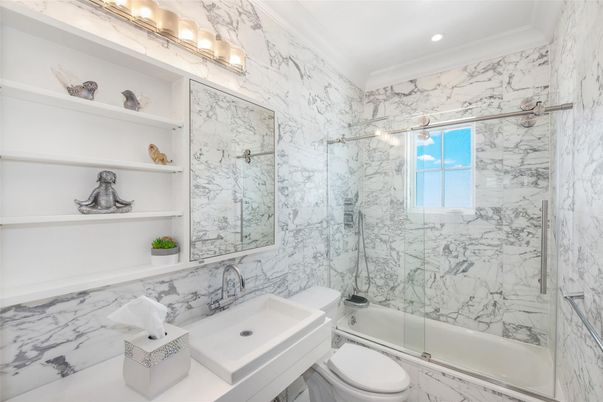 Bathroom, Glass Shower, Interior, Marble Walls, Recessed Lighting