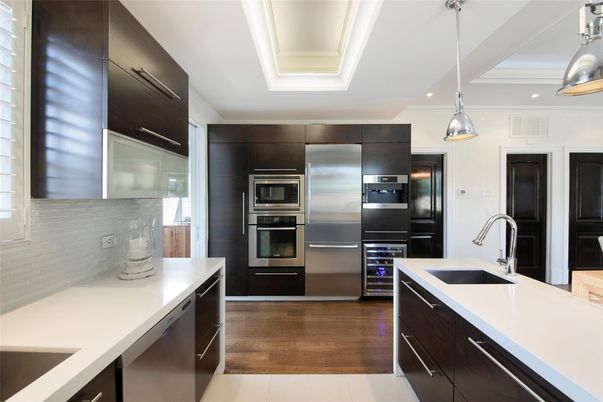 Interior, Kitchen, Pendant Lights, Recessed Lighting, Stainless Steel Appliances, Wood Texture Flooring