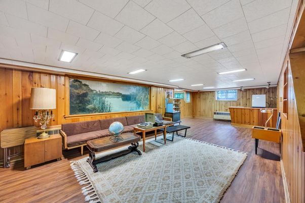 Interior, Living room, Recessed Lighting, Wood Texture Flooring, Wooden Walls