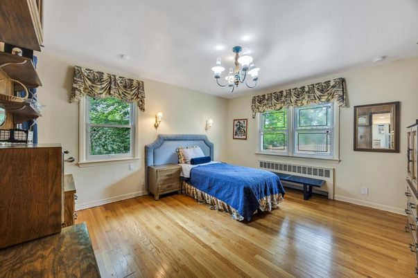 Bedroom, Chandelier, Interior, Recessed Lighting, Wood Texture Flooring