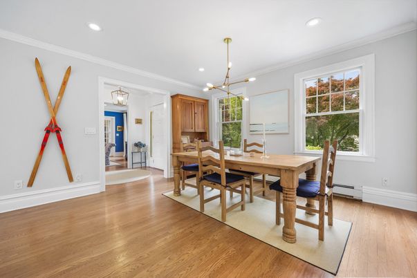Dining room, Interior, Pendant Lights, Recessed Lighting, Wood Texture Flooring