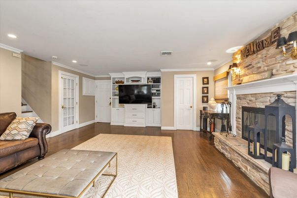 Fireplace, Interior, Recessed Lighting, Stone Walls, Wood Texture Flooring