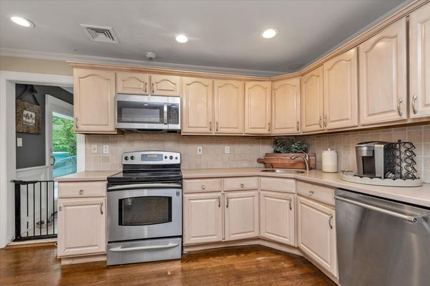 Interior, Kitchen, Recessed Lighting, Stainless Steel Appliances, Wood Texture Flooring