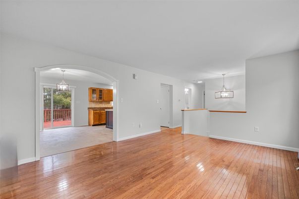 Empty room, Interior, Kitchen, Pendant Lights, Wood Texture Flooring
