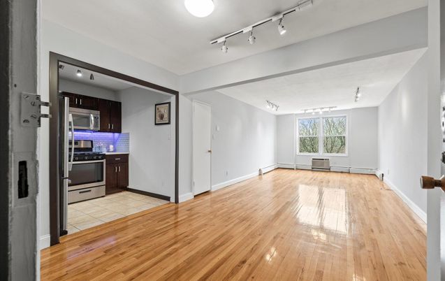 Empty room, Interior, Kitchen, Stainless Steel Appliances, Wood Texture Flooring