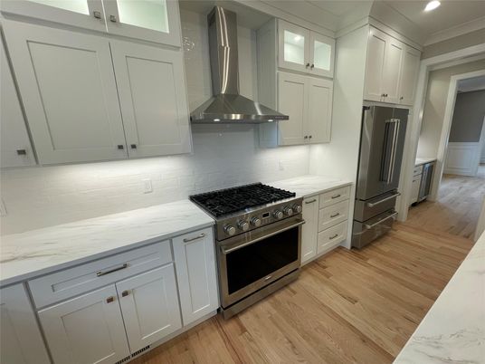 Interior, Kitchen, Recessed Lighting, Stainless Steel Appliances, Wood Texture Flooring