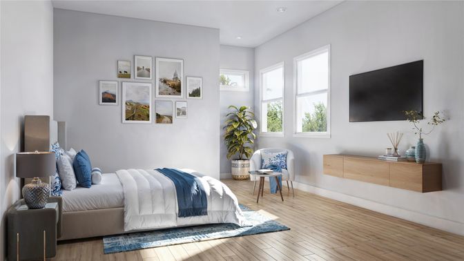 Bedroom, Interior, Recessed Lighting, Wood Texture Flooring
