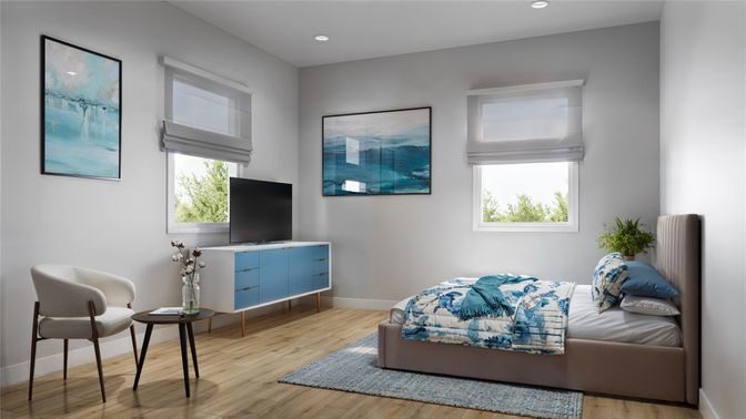 Bedroom, Interior, Recessed Lighting, Wood Texture Flooring