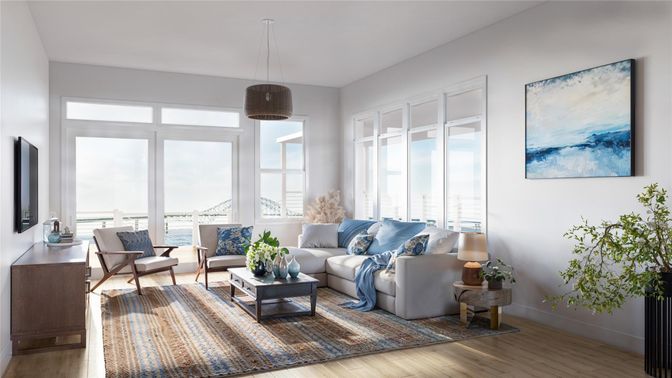 Interior, Living room, Pendant Lights, Water, Wood Texture Flooring