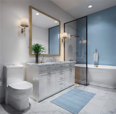 Bathroom, Dual Sink Vanities, Glass Shower, Interior, Marble, Recessed Lighting