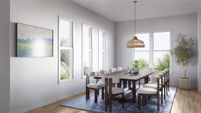 Dining room, Interior, Pendant Lights, Wood Texture Flooring