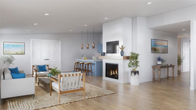 Fireplace, Interior, Living room, Pendant Lights, Recessed Lighting, Wood Texture Flooring