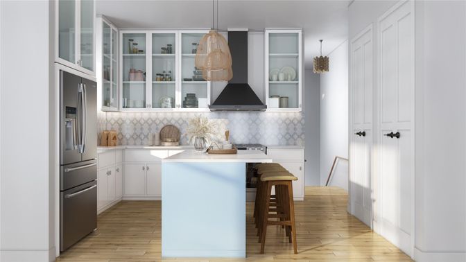 Interior, Kitchen, Pendant Lights, Stainless Steel Appliances, Wood Texture Flooring
