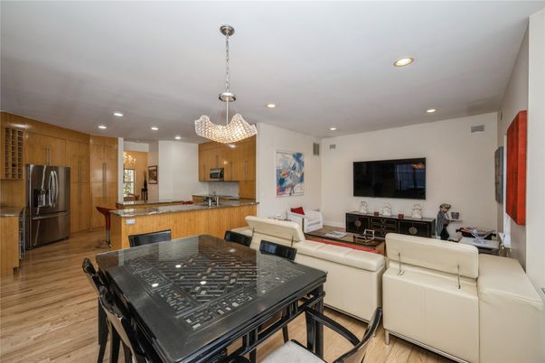 Chandelier, Dining room, Interior, Kitchen, Living room, Pendant Lights, Recessed Lighting, Wood Texture Flooring