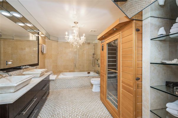 Bathroom, Chandelier, Glass Shower, Interior, Recessed Lighting