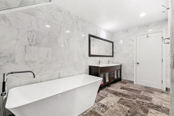 Bathroom, Dual Sink Vanities, Free Standing Baths, Interior, Marble Walls, Recessed Lighting