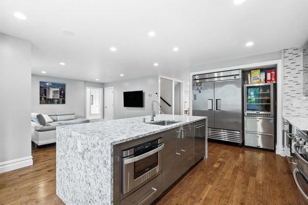 Interior, Kitchen, Living room, Recessed Lighting, Stainless Steel Appliances, Wood Texture Flooring
