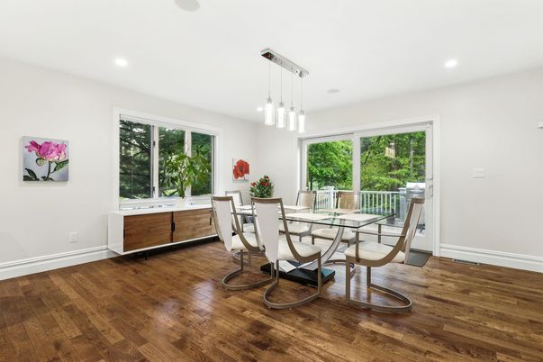 Dining room, Interior, Pendant Lights, Recessed Lighting, Wood Texture Flooring