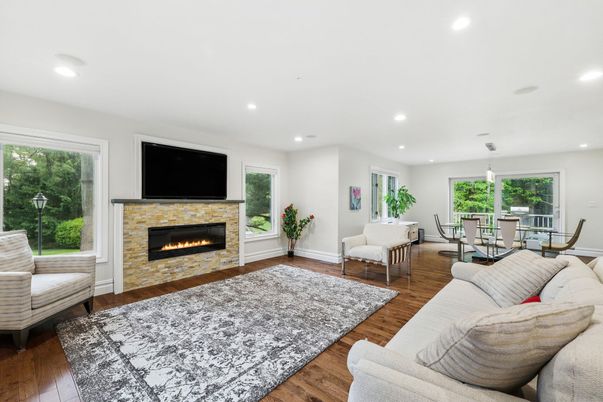 Dining room, Fireplace, Interior, Living room, Pendant Lights, Recessed Lighting, Wood Texture Flooring