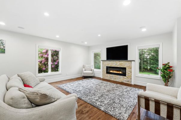 Fireplace, Interior, Living room, Recessed Lighting, Wood Texture Flooring