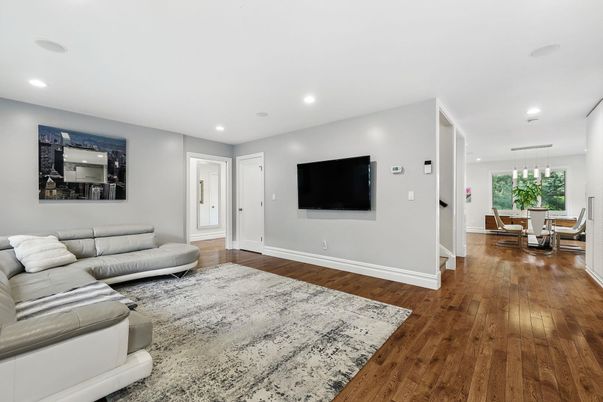 Dining room, Interior, Living room, Pendant Lights, Recessed Lighting, Wood Texture Flooring