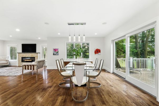 Dining room, Fireplace, Interior, Pendant Lights, Recessed Lighting, Wood Texture Flooring