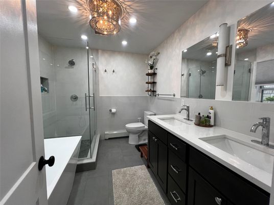 Bathroom, Dual Sink Vanities, Glass Shower, Interior, Recessed Lighting