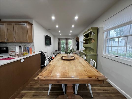 Dining room, Interior, Recessed Lighting, Wood Texture Flooring