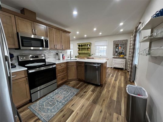 Interior, Kitchen, Recessed Lighting, Stainless Steel Appliances, Wood Texture Flooring
