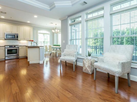 Chandelier, Dining room, Interior, Kitchen, Recessed Lighting, Stainless Steel Appliances, Wood Texture Flooring
