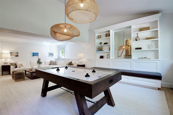 Billiard Table, Game Room, Interior, Living room, Pendant Lights, Wood Texture Flooring