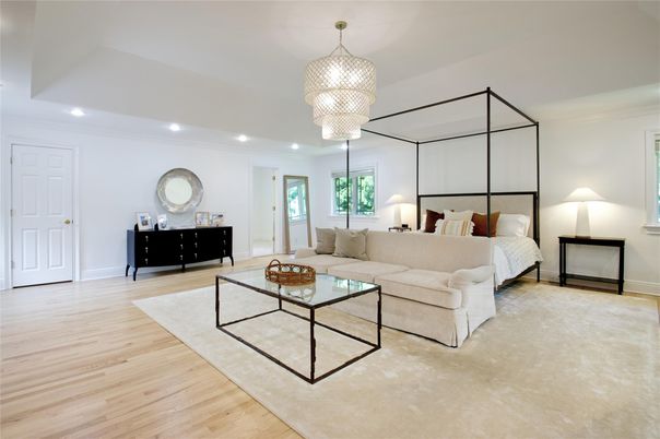 Bedroom, Chandelier, Interior, Living room, Recessed Lighting, Wood Texture Flooring